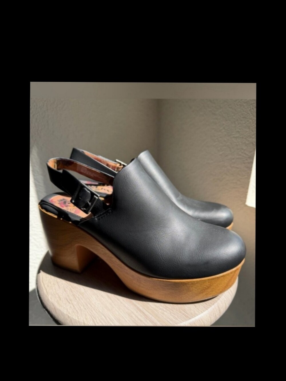 Kork-Ease Black Slingback Clogs with Faux Wood Platform Heel